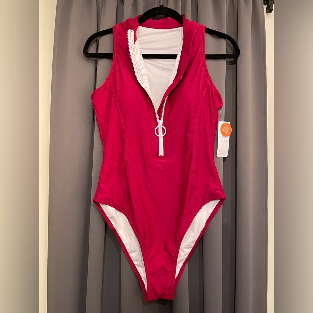 One Piece Zip Front Racerback Swimsuit Red Size L - Picture 2 of 8